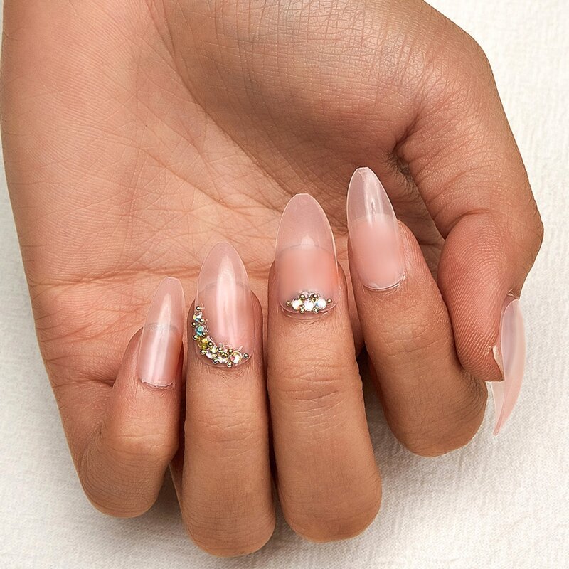 

24pcs Rhinestone Decor Fake Nail & 1sheet Tape, Pink