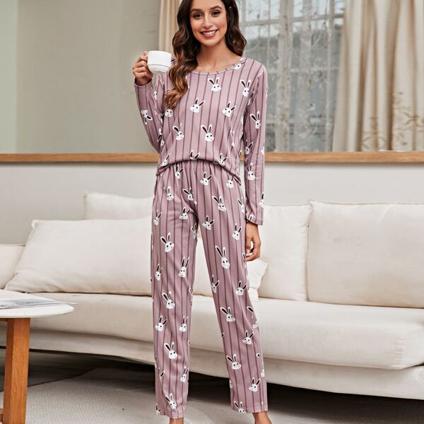 

Stripe And Rabbit Print Pajama Set, Mauve purple