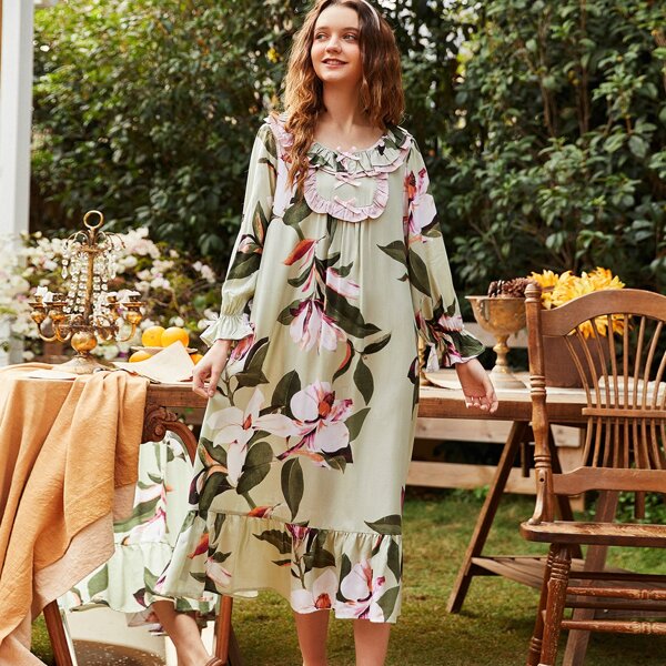 

Floral Print Flounce Sleeve Night Dress, Multicolor