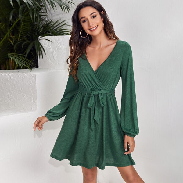 

Surplice Neck Bishop Sleeve Self Belted Dress, Dark green