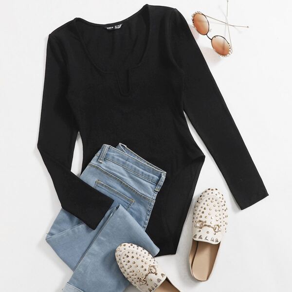 

Notched Neck Rib-knit Bodysuit, Black