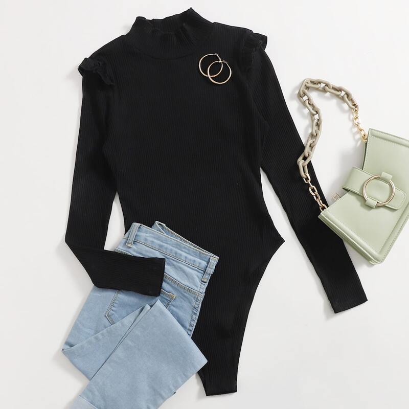 

Ruffle Trim Rib-knit Bodysuit, Black