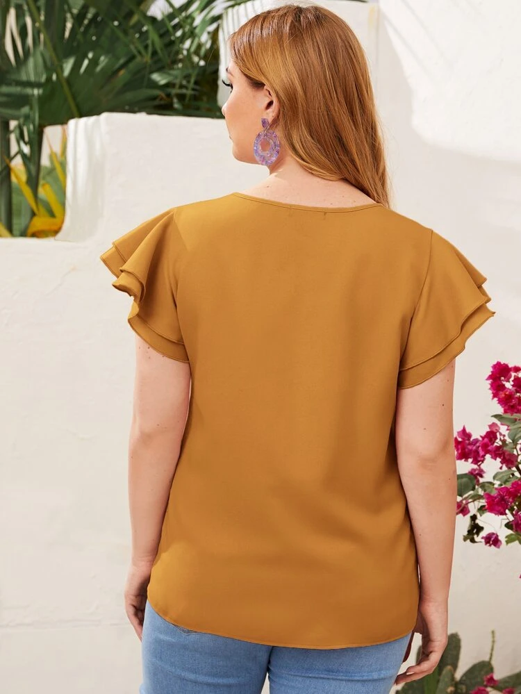 Plus Keyhole Neck Layered Flutter Sleeve Top