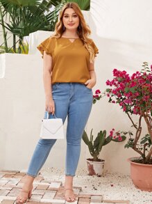 SHEIN Clasi Plus Keyhole Neck Layered Flutter Sleeve Top