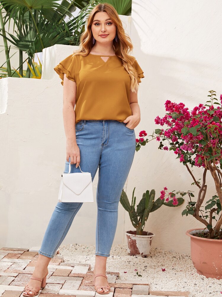 Plus Keyhole Neck Layered Flutter Sleeve Top
