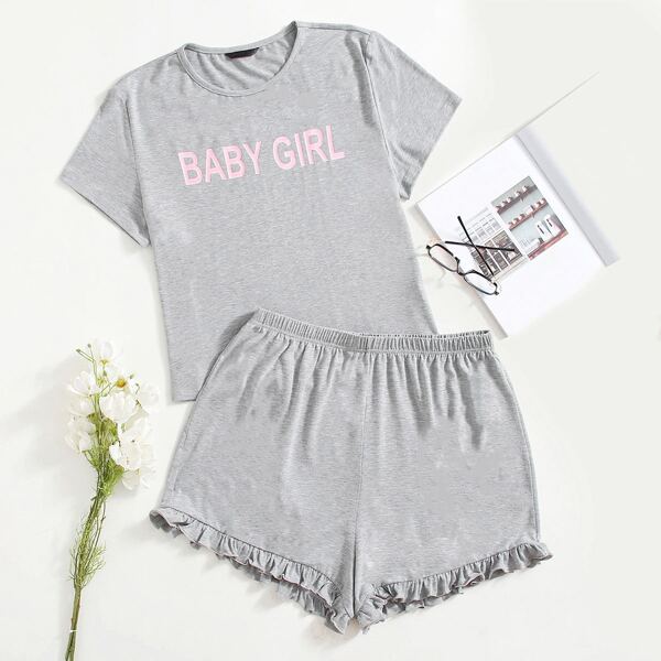 

Plus Letter Graphic Tee and Frill Trim Shorts PJ Set, Light grey