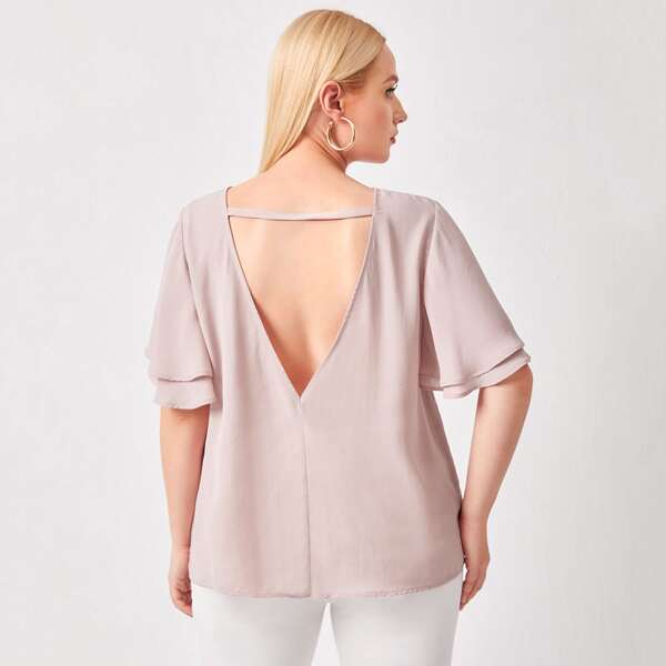 

Plus Cutout Open Back Butterfly Sleeve Solid Top, Pastel baby pink