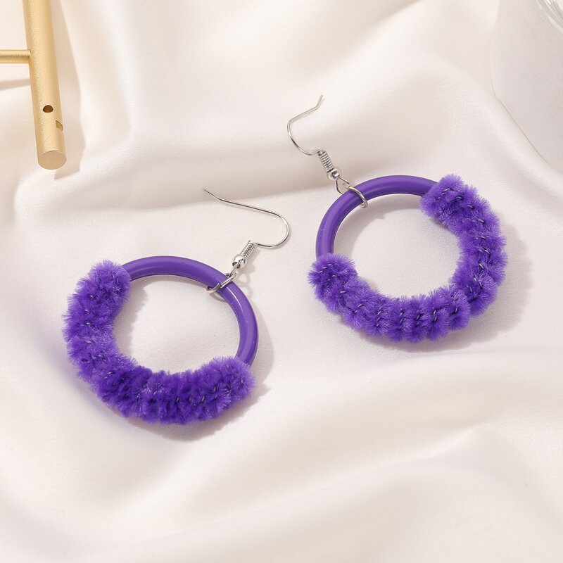 

Fluffy Hoop Drop Earrings, Purple