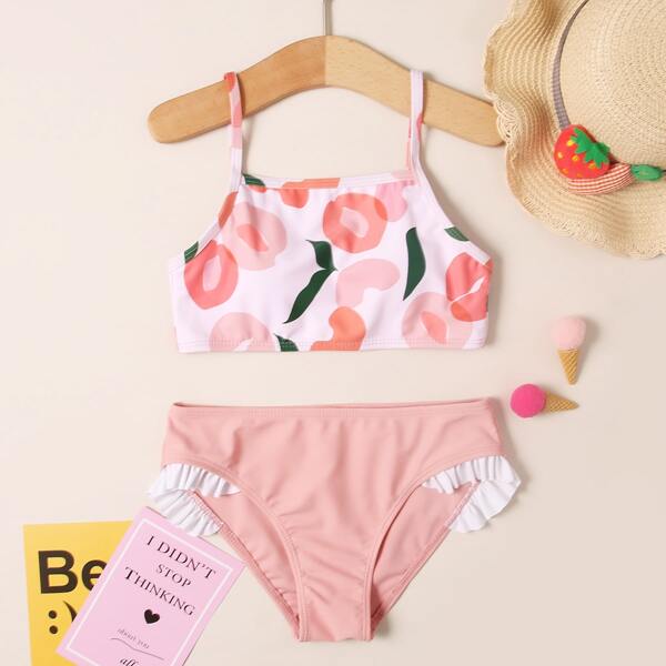 

Girls Leaf Print Bikini Swimsuit, Baby pink