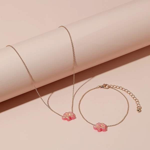 

1pc Simple Pendant Necklace & 1pc Bracelet, Pink