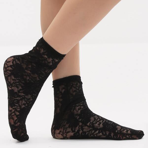

Flower Pattern Crew Socks, Black