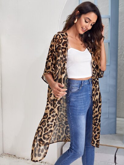 SHEIN VCAY Open Front Split Hem Leopard Chiffon Kimono Summer