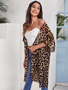 SHEIN VCAY 前开叉下摆豹纹雪纺和服夏季