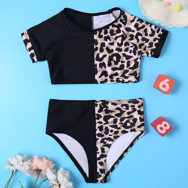 

Girls Leopard High Waisted Bikini Swimsuit, Multicolor