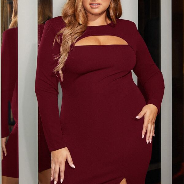 

Plus Cut Out Front Split Hem Bodycon Dress, Burgundy