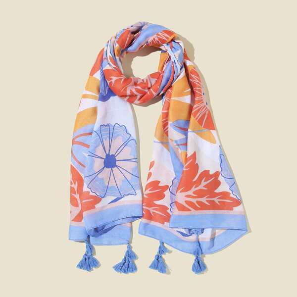 

Flower Pattern Tassel Charm Scarf, Multicolor