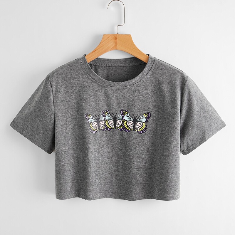 

Butterfly Graphic Crop Tee, Dark grey