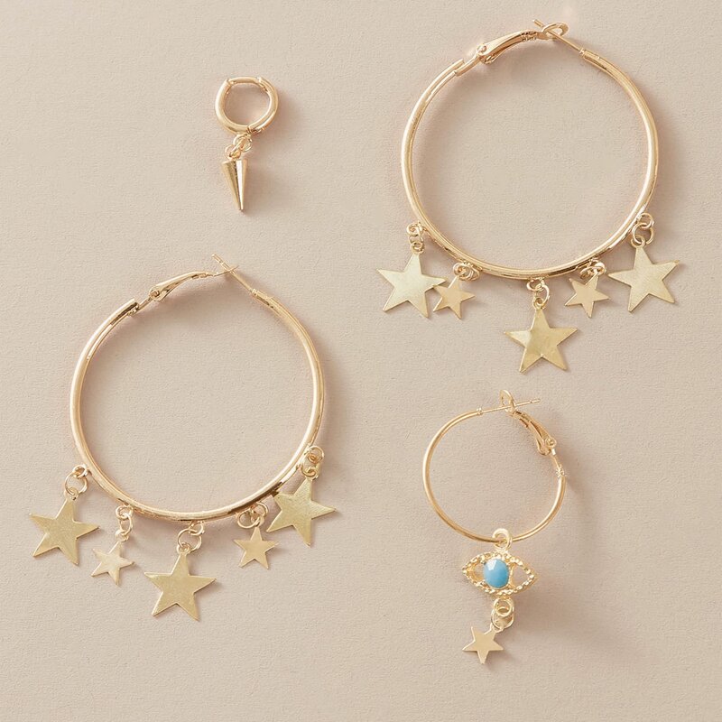 

2pairs Star Charm Earring Set, Gold