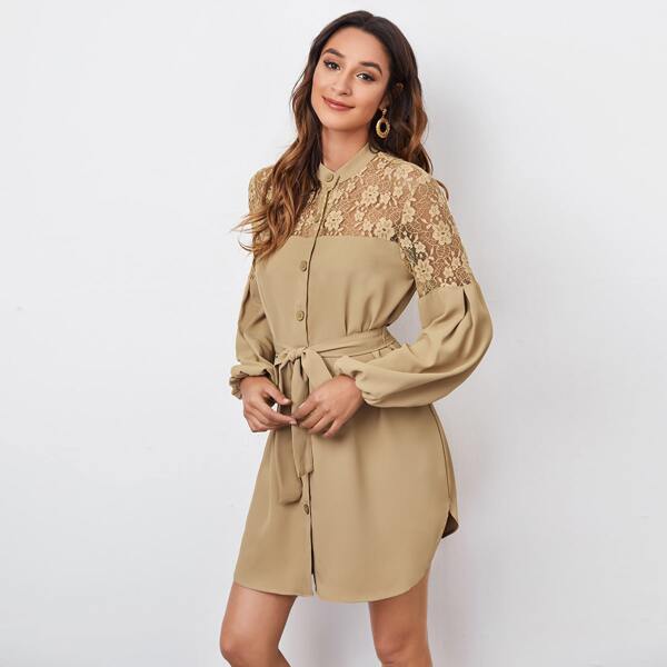 

Lace Yoke Curved Hem Self Belted Shirt Dress, Khaki