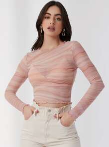 SHEIN BAE Lettuce Edge Marble Mesh Top Without Bra - Multicolor - View 3