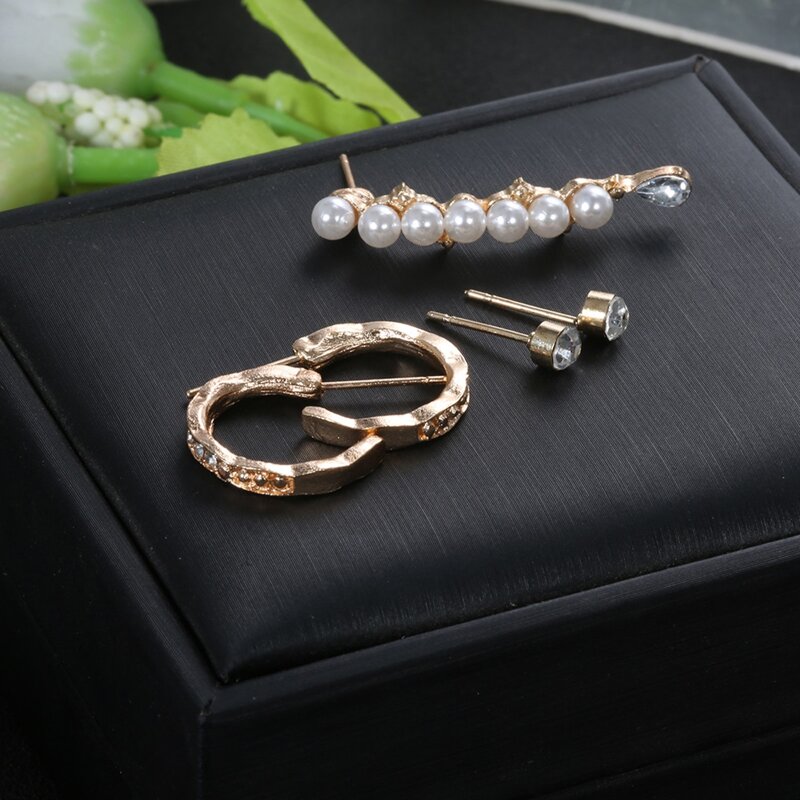

5pcs Faux Pearl Earring Set, Gold