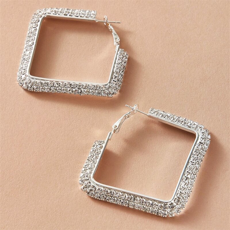 

Rhinestone Square Hoop Earrings, Silver
