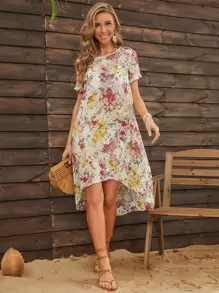 Round Neck High Low Floral Print Dress - Multicolor - View 1