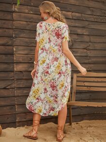 Round Neck High Low Floral Print Dress - Multicolor - View 2