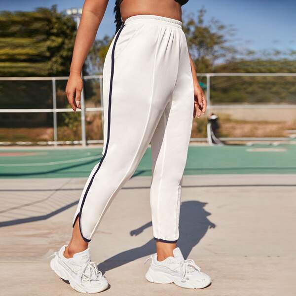 

Plus Elastic Waist Contrast Piping Pants, White