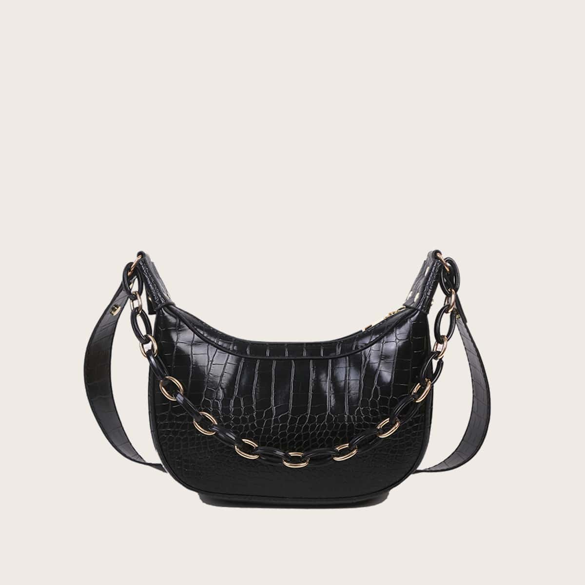 

Croc Embossed Chain Baguette Bag, Black