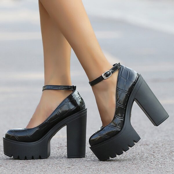 

Textured Chunky Heeled Ankle Strap Pumps, Black