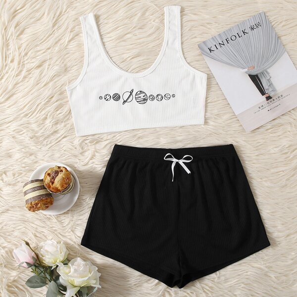 

Planets Print Bow Detail Pajama Set, Black and white