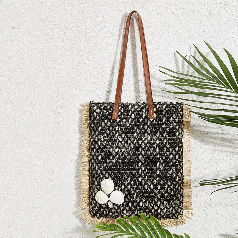 

Shell Decor Fringe Trim Woven Tote Bag, Black and white