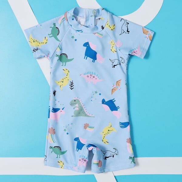 

Baby Boy Cartoon Graphic One Piece Swimsuit, Pastel dusty blue