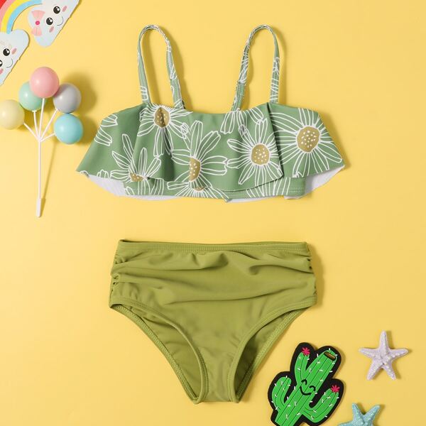 

Toddler Girls Floral Ruffle Hem Bikini Swimsuit, Green