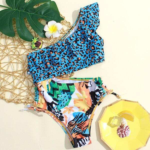 

Girls Leopard & Plant Print One Shoulder One Piece Swimsuit, Multicolor
