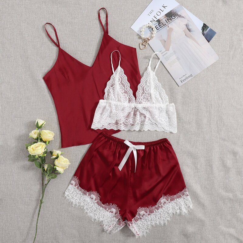 

3pcs Lace Trim Bow Front Satin PJ Set, Burgundy