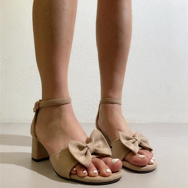 

Bow Decor Ankle Strap Suede Chunky Sandals, Apricot