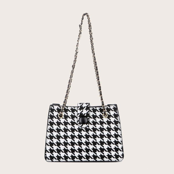 

Houndstooth Snap Button Detail Shoulder Bag, Black and white