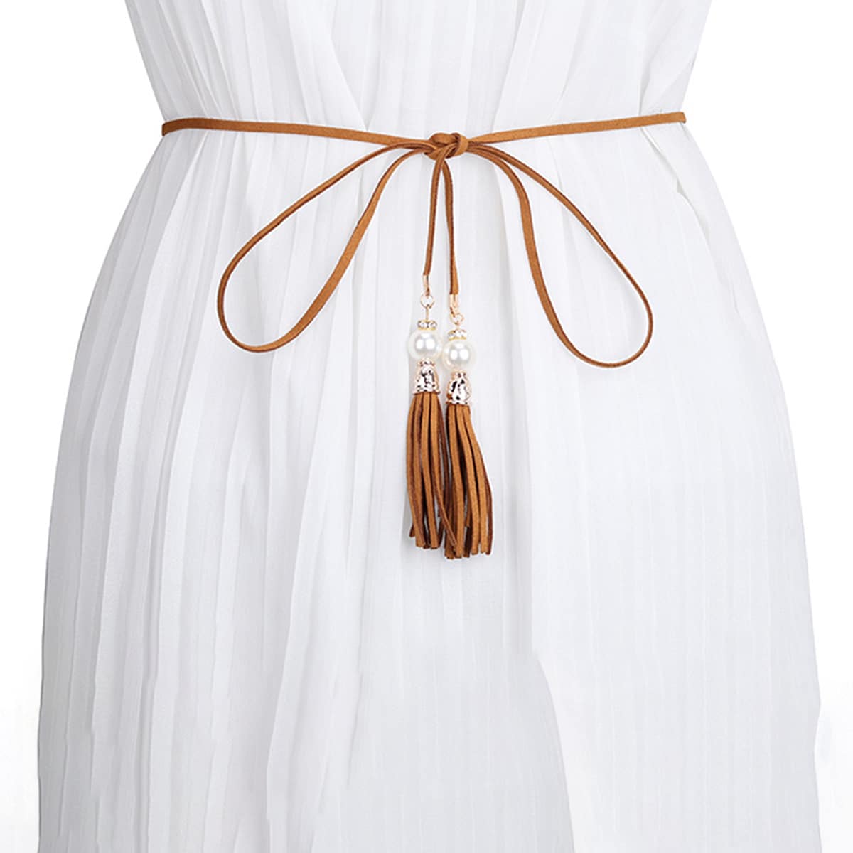 

Faux Pearl Decor Tassel Charm Rope Belt, Brown