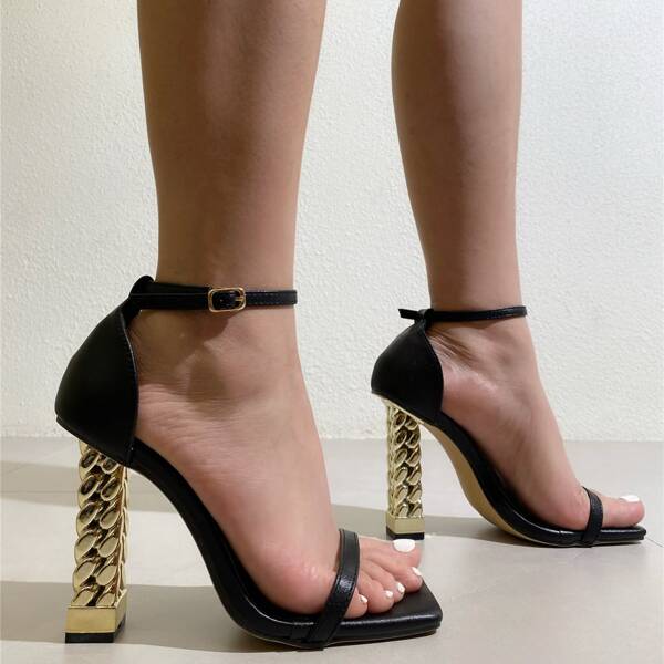 

Thin Strap Two Part Sculptural Heeled Sandals, Black