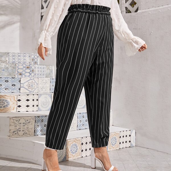 

Plus Striped Paperbag Waist Carrot Pants, Black