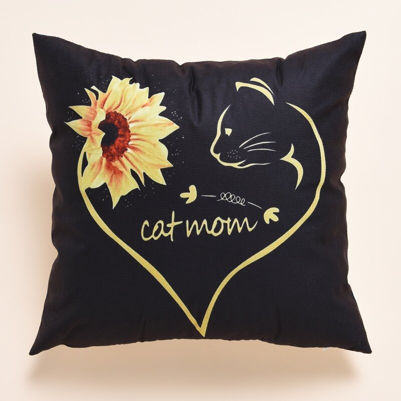 

Cat & Sunflower Print Cushion Cover Without Filler, Black