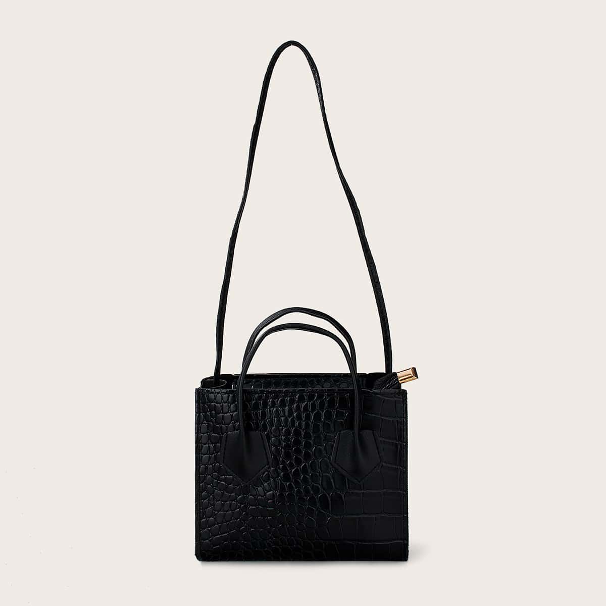 

Croc Embossed Satchel Bag, Black