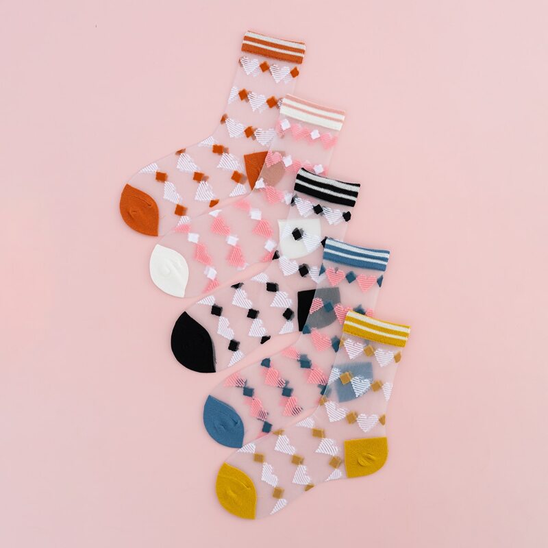 

5pairs Heart Print Mesh Socks, Multicolor