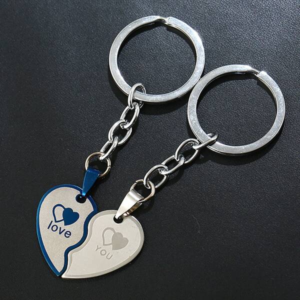 

2pcs Men Heart Charm Keychain, Silver