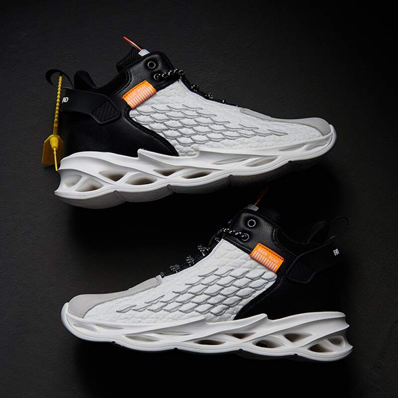 

Guys Colorblock Fish Scale Lace-up Knit Sneakers, Black and white