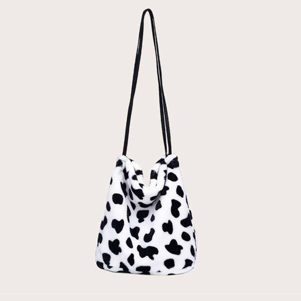 

Fluffy Cow Pattern Shoulder Bag, Black and white