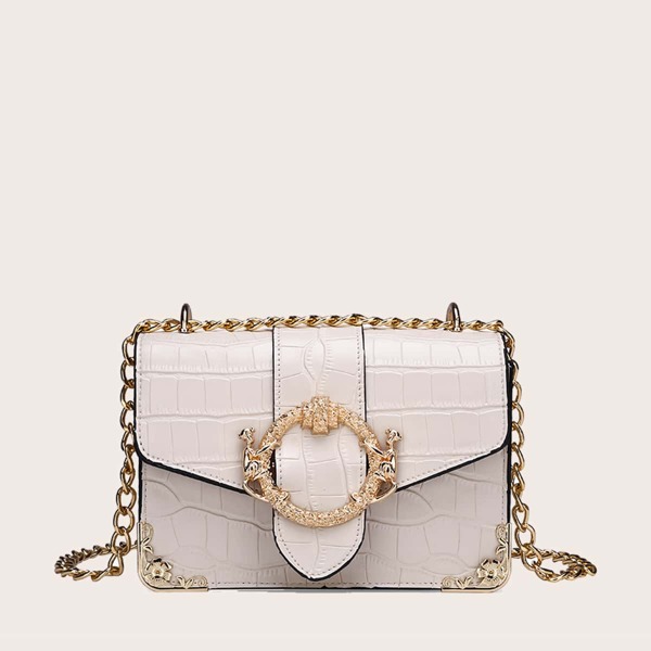 

Metal Decor Croc Embossed Chain Bag, White