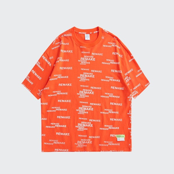 

Men Neon Orange Drop Shoulder Allover Letter Print Tee